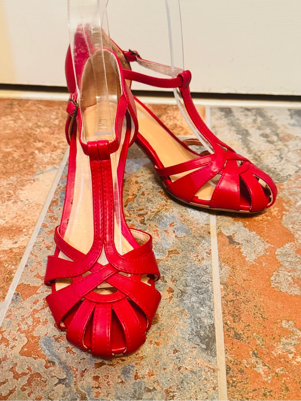 NWOB!!! Beautiful and Frisky Chelsea Crew Red T‑Strap Peep‑Toe Heels!